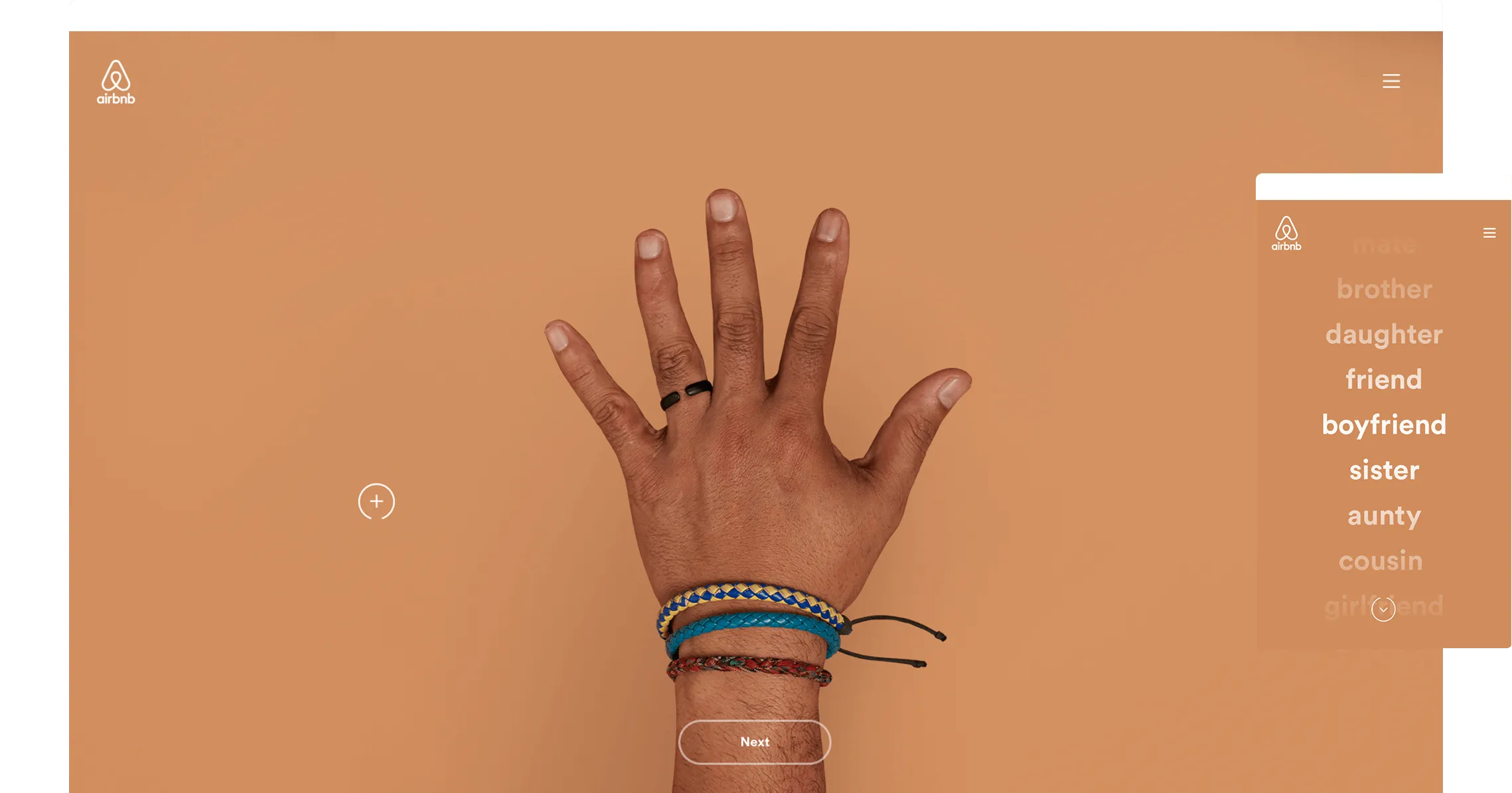 Screen from the creative web experience, showing the hand selector