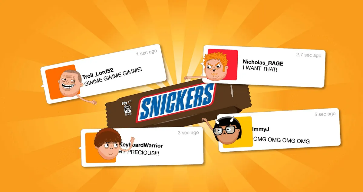 Funny illustration showing tweets from people wanting some Snickers chocolate bars