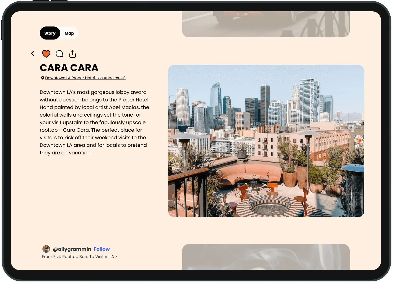 Screen from the web app, showing a user generated travel story